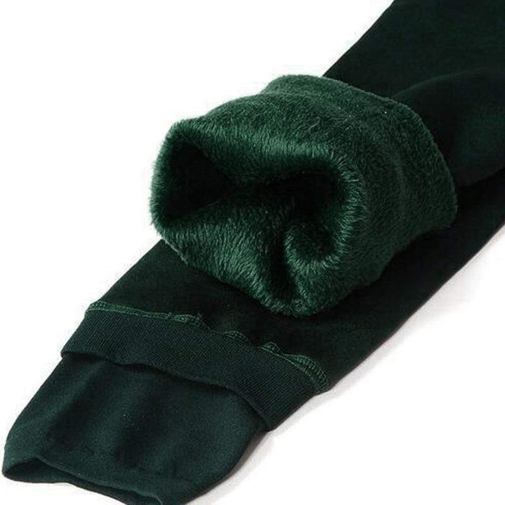 Dunkelgrüne Thermo-Leggings, gefüttert, warm, bequem, Wintermode, Damenbekleidung.