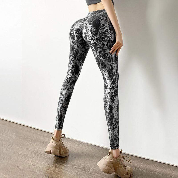 Damen Leggings Schlangenmuster, hoch tailliert, Fitness, schwarz-weiß, figurformend.