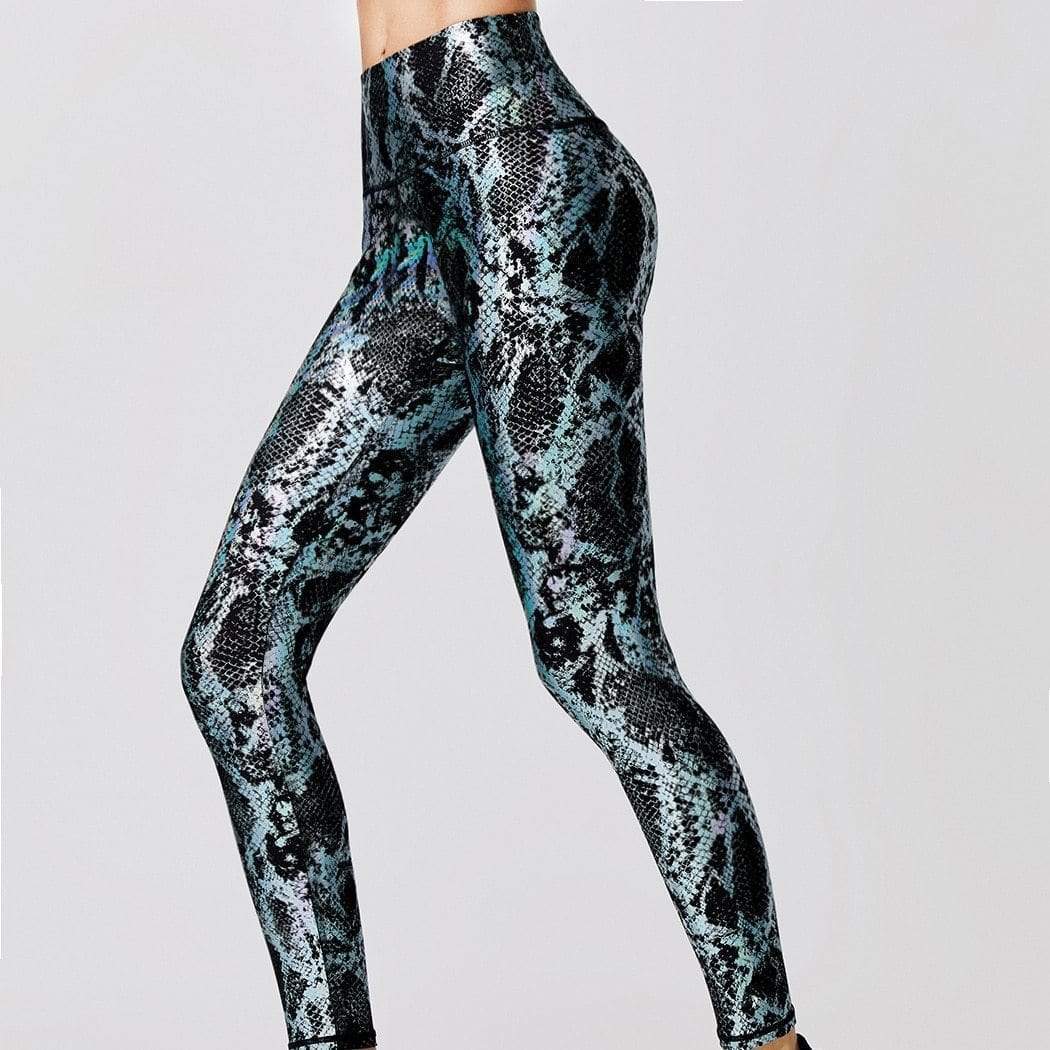 Damen Hochbund-Leggings, Schlangenmuster, Fitness, formend, schwarz-blau, elastisch.