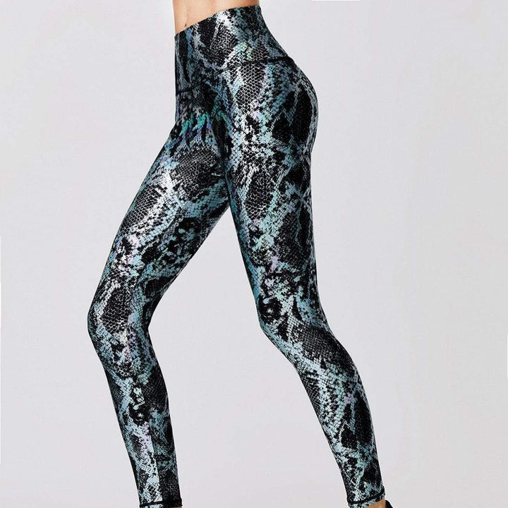 Damen Hochbund-Leggings, Schlangenmuster, Fitness, formend, schwarz-blau, elastisch.