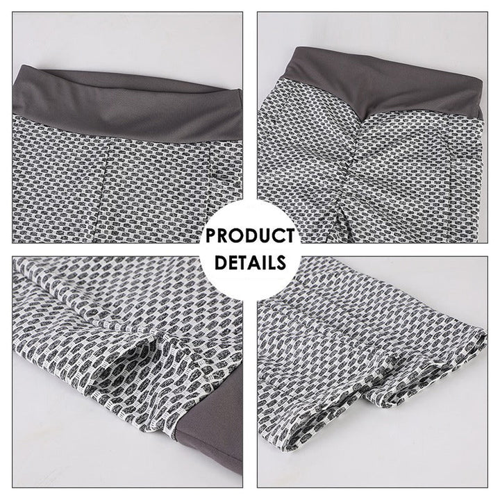Graue Sportleggings mit Muster, elastischer Bund, atmungsaktiv, Detailansicht.