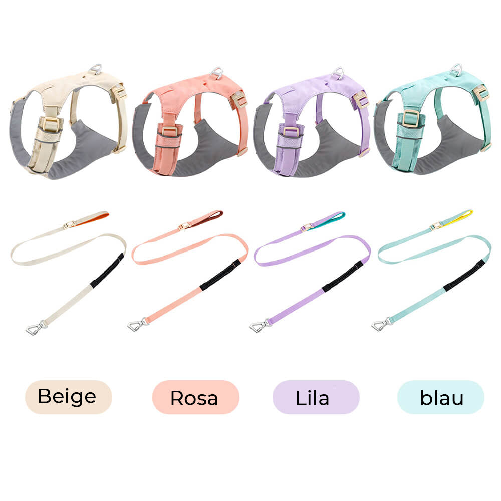 Leichtes wasserdichtes Hundegeschirr und multifunktionale Leine in Beige, Rosa, Lila, Blau.