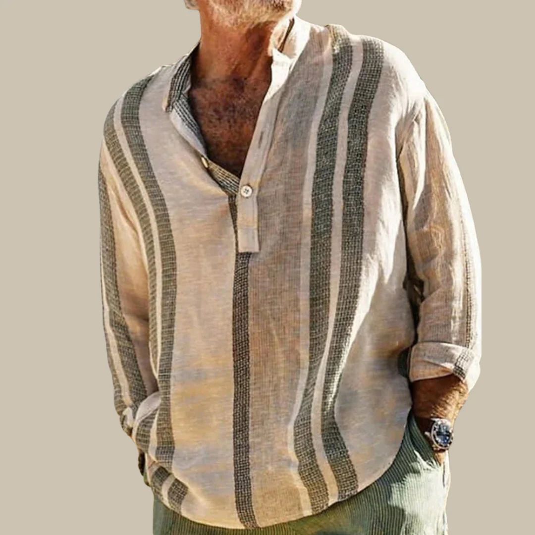 Herrenhemd Leinen beige gestreift, lässig, langärmlig, Knopfleiste, Sommermode.