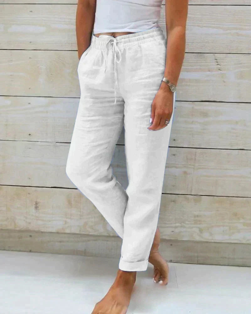 Damen Leinenhose weiß, bequem, elastischer Bund, Sommermode, Freizeitkleidung, elegant.