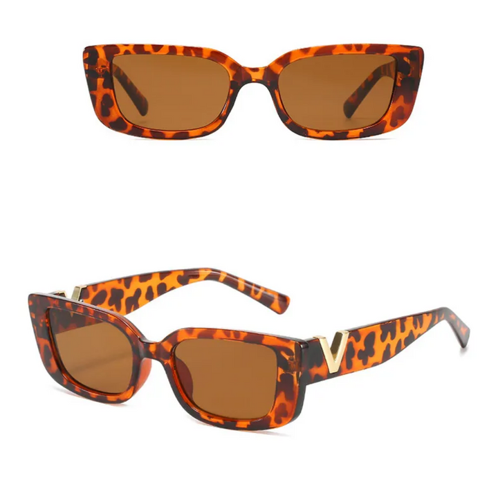 Braune Sonnenbrille mit Leopardenmuster, rechteckig, modisch, UV-Schutz, Damenaccessoire.