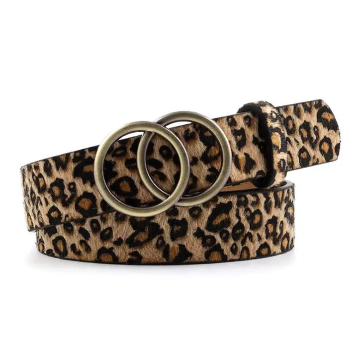 Leopardenmuster-Gürtel mit Doppelring-Schnalle, Damenmode-Accessoire, Wildlederoptik