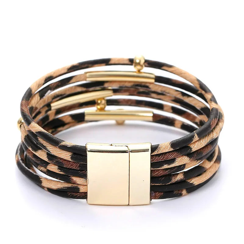 Leopardenmuster Armband, mehrschichtig, Leder, Magnetverschluss, modisch, Damenaccessoire