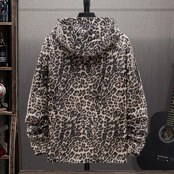 Leopardenmuster Kapuzenpullover, beige und schwarz, Unisex, modisch, Freizeitkleidung.