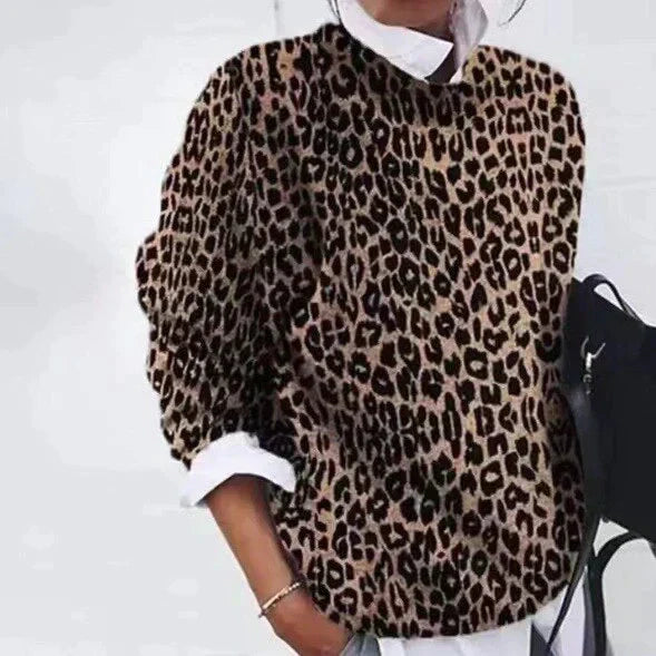 Damenpullover mit Leopardenmuster, braun-schwarz, modisch, langärmelig, Herbstmode.