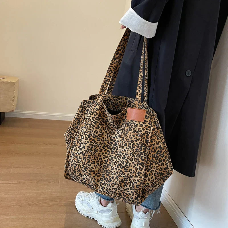 Leopardenmuster Schultertasche Damen, oversized, Canvas, modisch, braun, luxuriös.