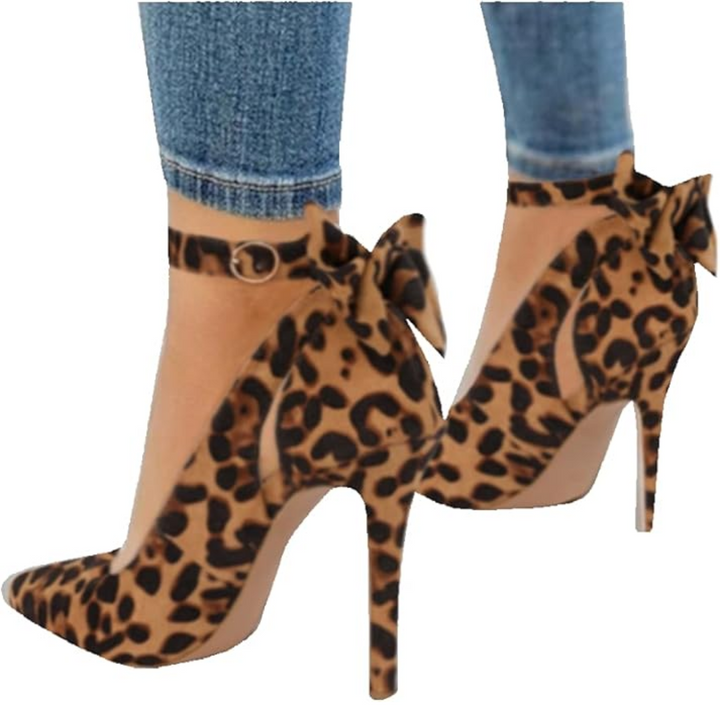 Leopard High Heels mit Schleife, Damen Pumps, Wildlederoptik, modische Stilettos, braun.