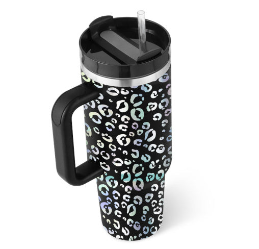Schwarzer Thermobecher mit Leopardenmuster, Trinkhalm und Griff, Edelstahl, 24 oz.