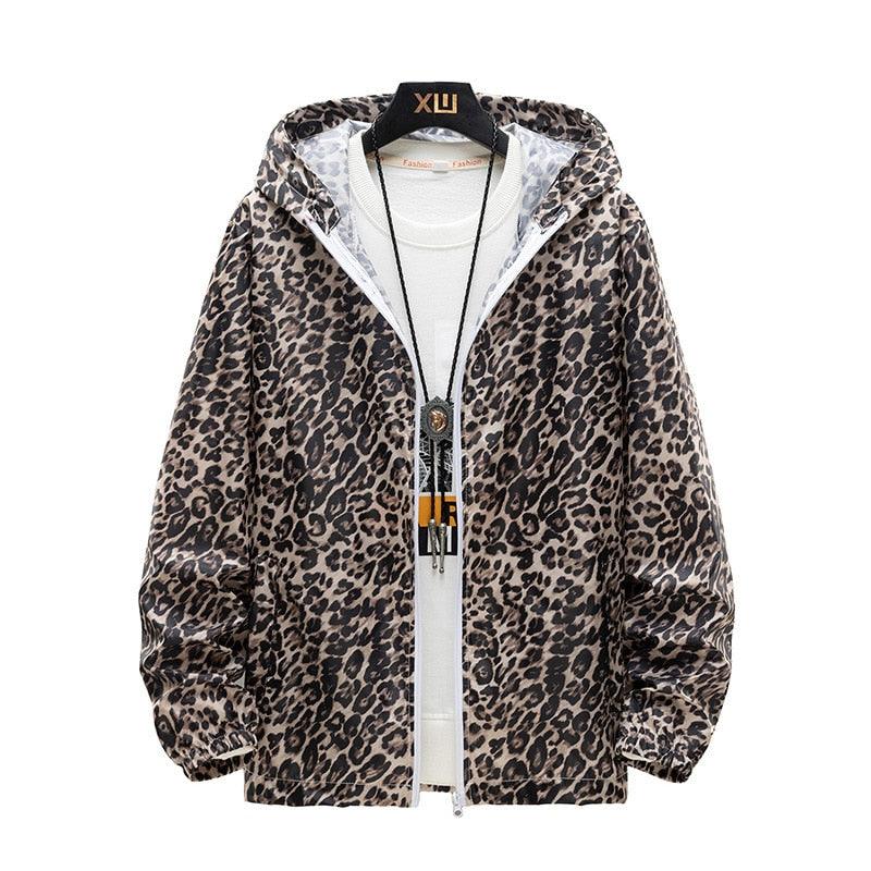 Leopardenmuster Windjacke mit Kapuze, Damenmode, Reißverschluss, lässig, trendig, leicht.