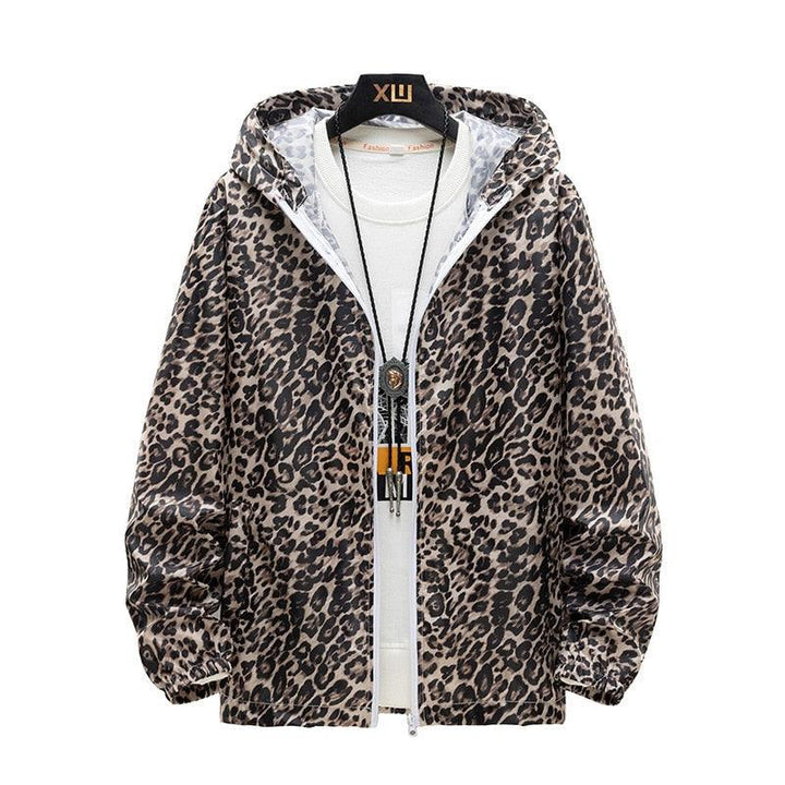 Leopardenmuster Windjacke mit Kapuze, Damenmode, Reißverschluss, lässig, trendig, leicht.