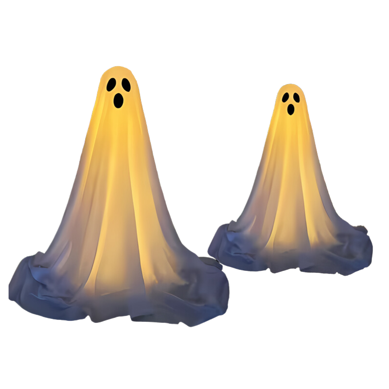 Zwei leuchtende Geisterdekorationen aus Stoff, Halloween-Deko, gelb-blau, gruseliges Design.