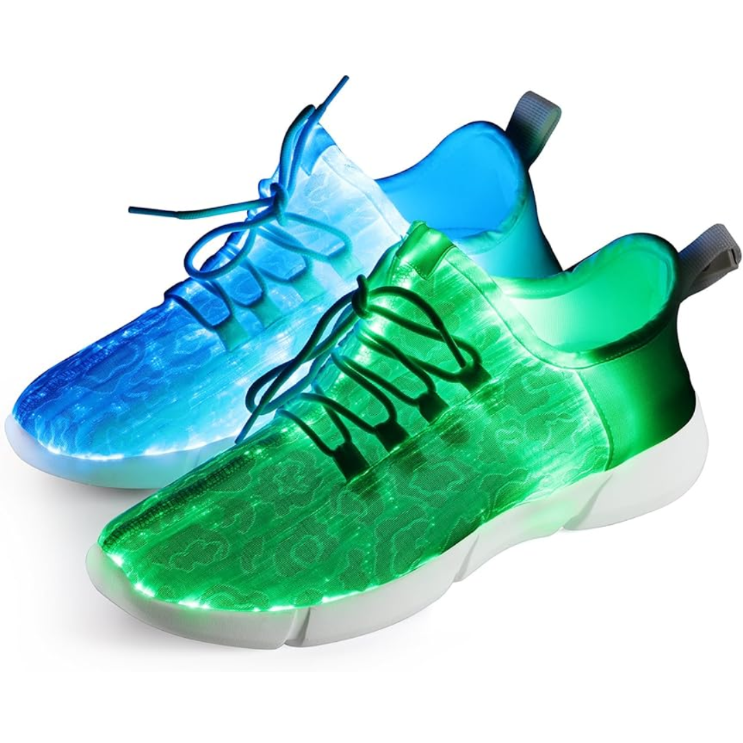 Leuchtende LED-Sneaker in Blau und Grün, modisches Design, ideal für Partys und Nachtläufe.
