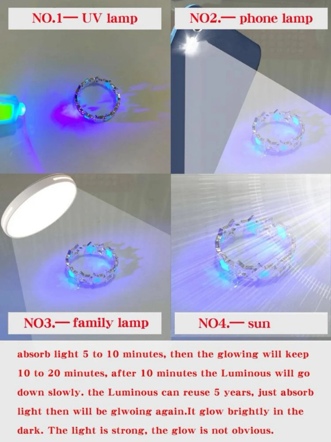 Leuchtender Ring unter UV-Lampe, Handylicht, Familienlampe und Sonnenlicht, Schmuck, Licht.