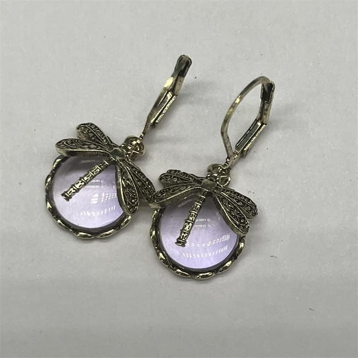 Libellen-Ohrringe, goldfarben, mit hellrosa Stein, Vintage-Stil, Modeschmuck.