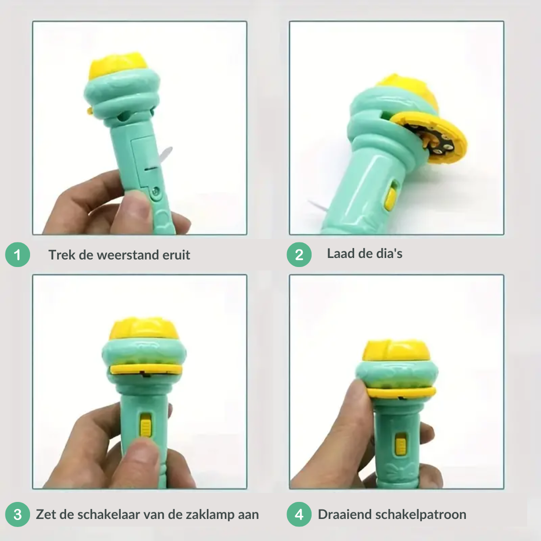 Spielzeug-Taschenlampe für Kinder, grün-gelb, mit Dia-Projektor, Anleitung in vier Schritten.