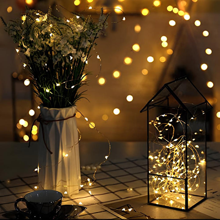 Lichterkette in Laterne und Vase mit Blumen, warmweiß, Dekoration für Wohnzimmer oder Hochzeit.