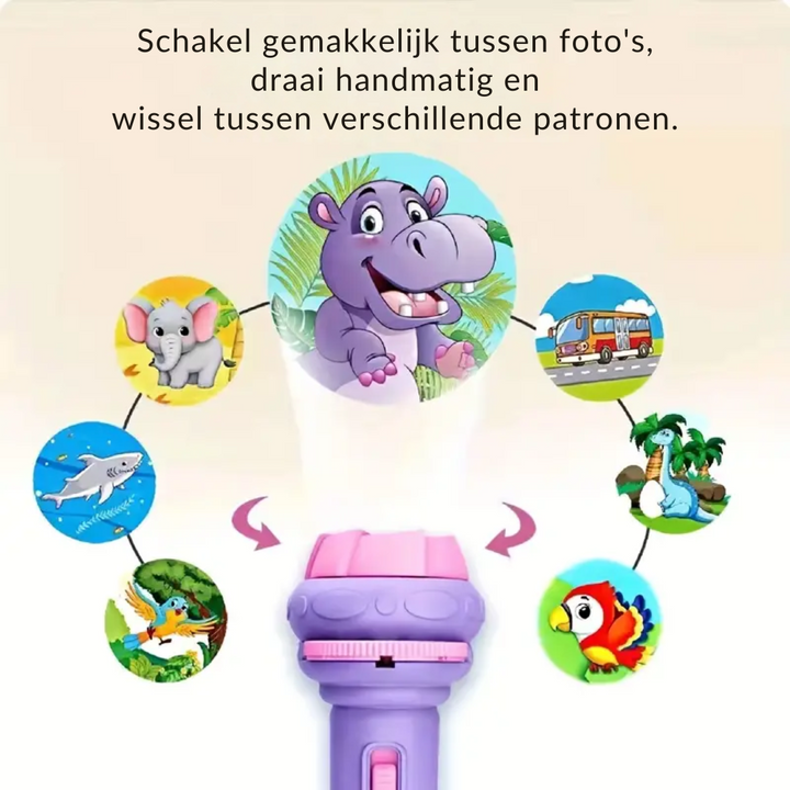 Lila Taschenlampe mit Tierprojektionen, Kinderprojektor, Lernspielzeug, Handbetrieb.