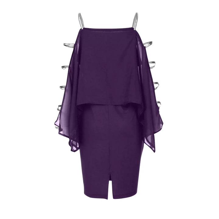 Lila Cocktailkleid mit transparenten Ärmeln, elegantes Design, Abendmode für Damen.