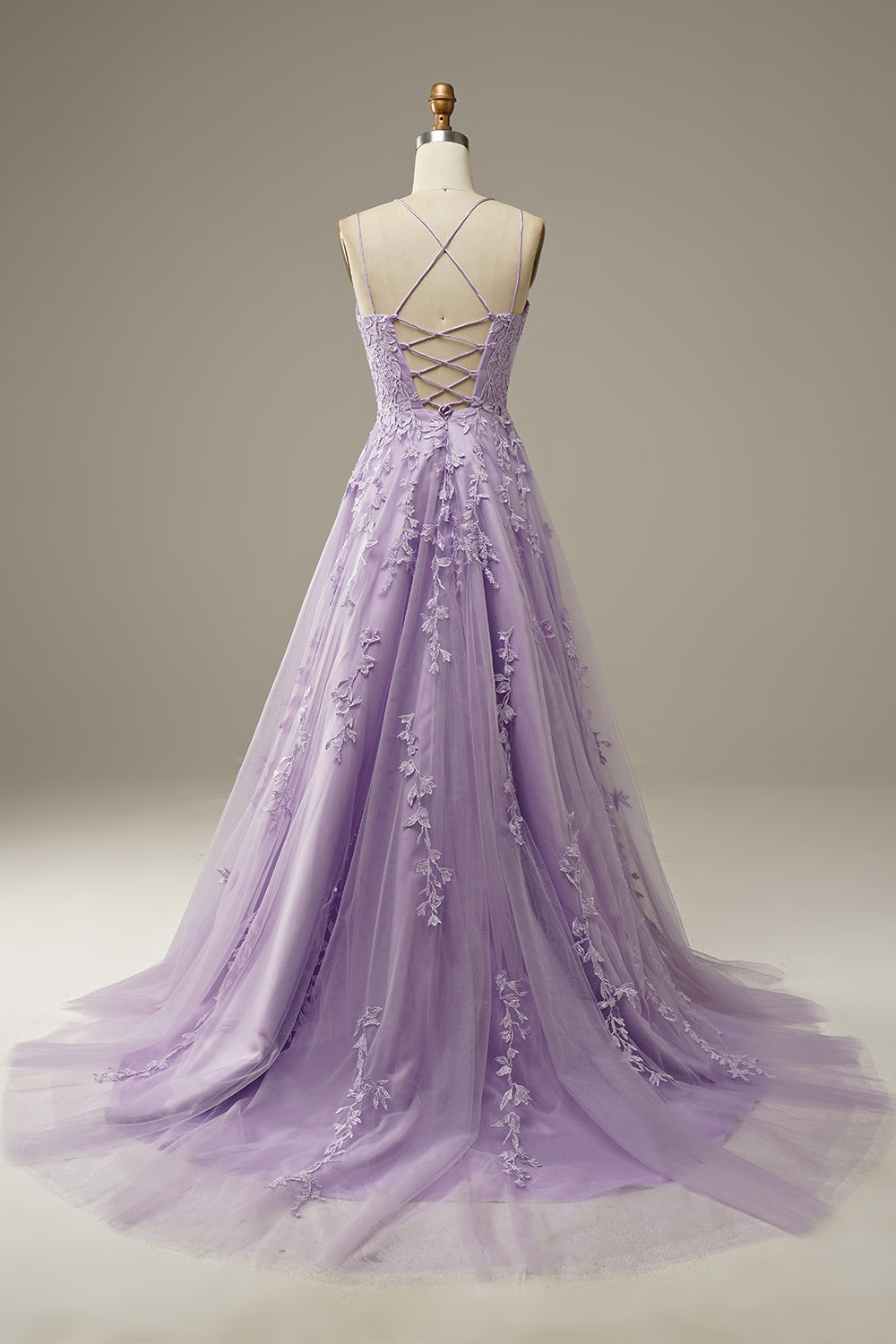 Lila Abendkleid aus Tüll mit Blumenstickerei und Schnürung, elegantes Ballkleid.