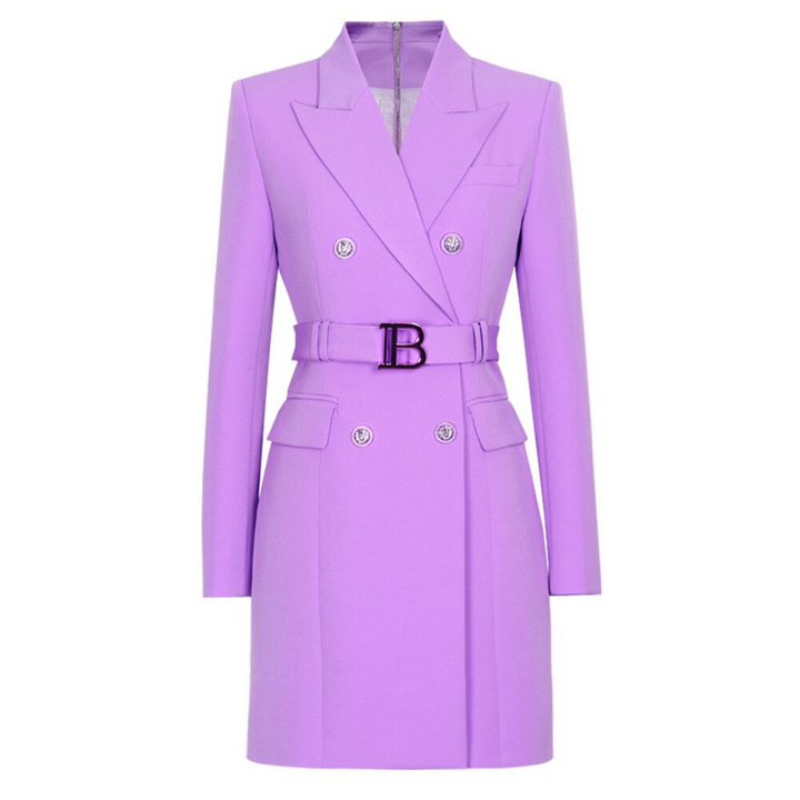 Lila Damenblazer-Kleid mit Gürtel, doppelreihig, elegantes Design, modische Damenbekleidung.