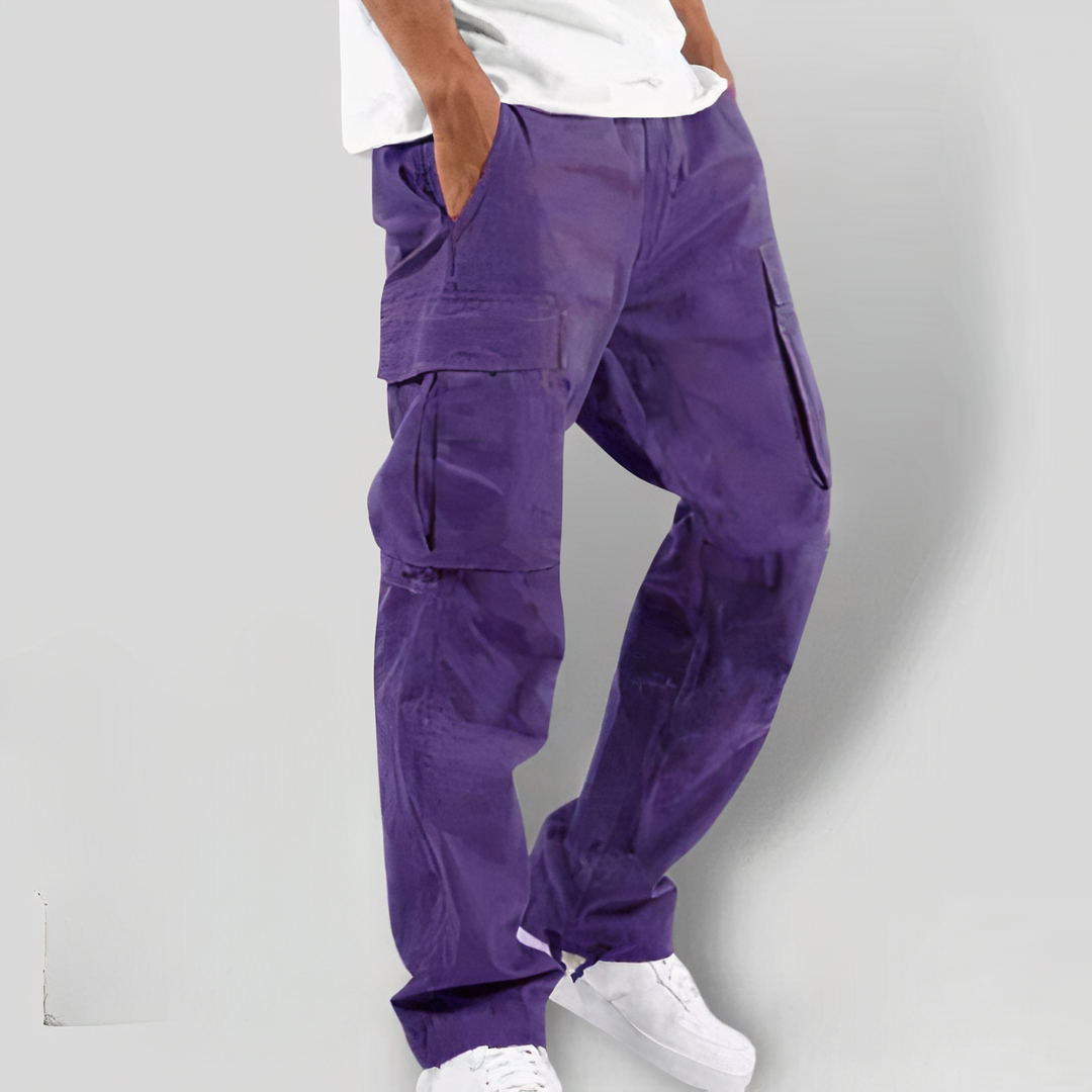 Lila Cargo-Hose für Herren, Baumwolle, lässig, mit Taschen, modisch, bequem, Streetwear.