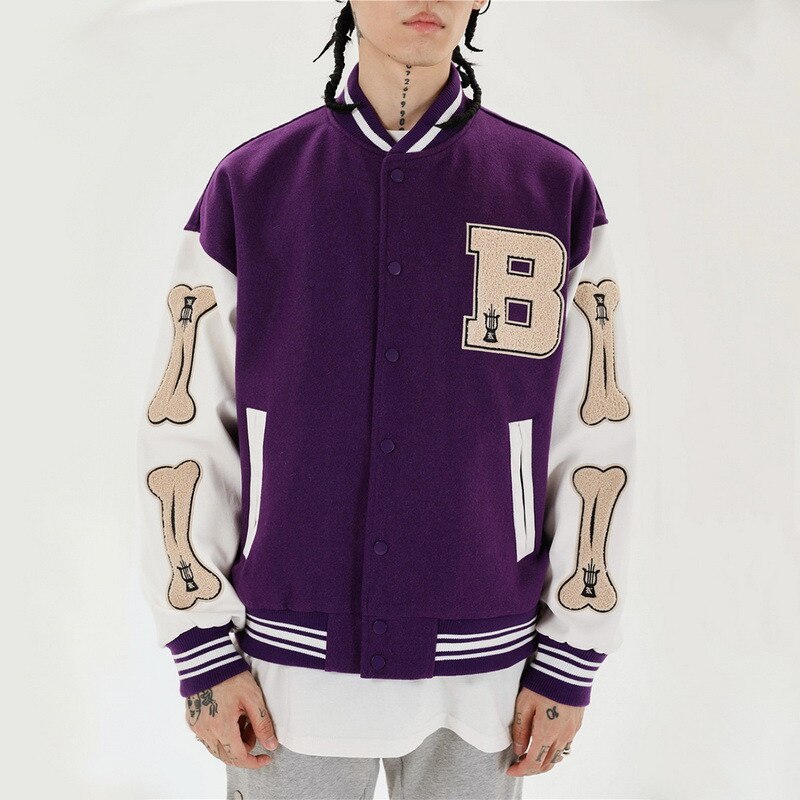 Lila Collegejacke mit Knochenmuster, Buchstabe B, Unisex, Streetwear, Baumwolle.