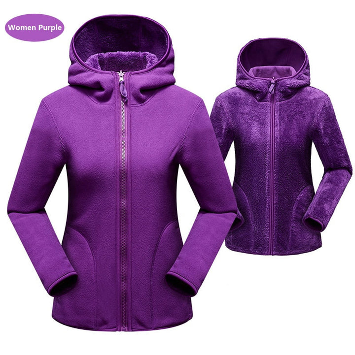 Lila Damen-Fleecejacke mit Kapuze, Reißverschluss, warm, weich, Outdoor-Bekleidung.