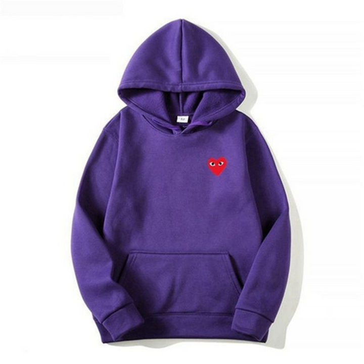 Lila Damen-Hoodie mit rotem Herz-Emblem, Baumwolle, Kapuzenpullover, modisch, bequem.