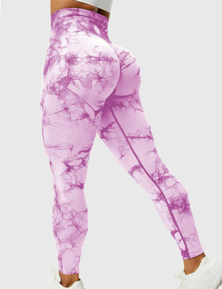 Damen-Leggings lila, Batikmuster, hohe Taille, Sportbekleidung, elastisch, bequem.
