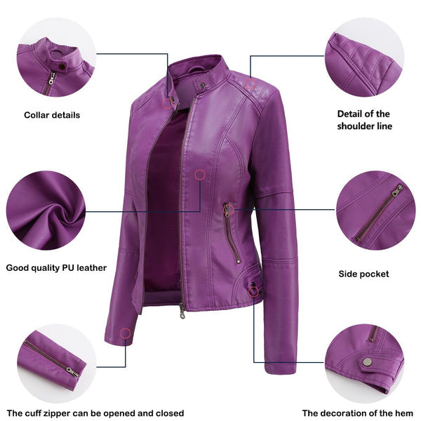 Lila Damen-PU-Lederjacke mit Stehkragen, Reißverschlusstaschen, modisch, Frühling.
