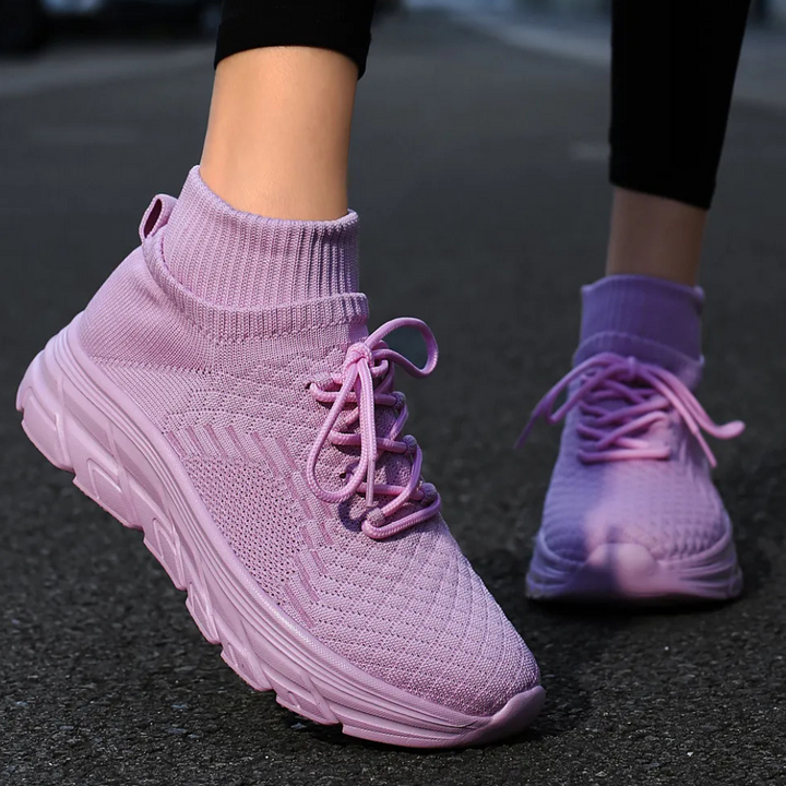 Lila Damen-Sneaker, atmungsaktiv, Strickmaterial, Straßenlauf, modisch, bequem.