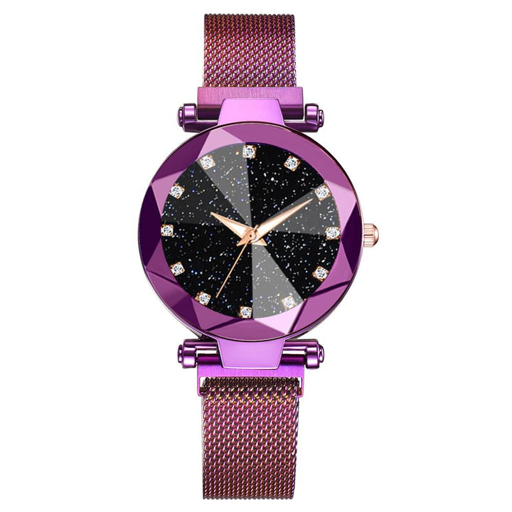 Lila Damenarmbanduhr mit funkelndem Zifferblatt, Edelstahlarmband, modisches Design.