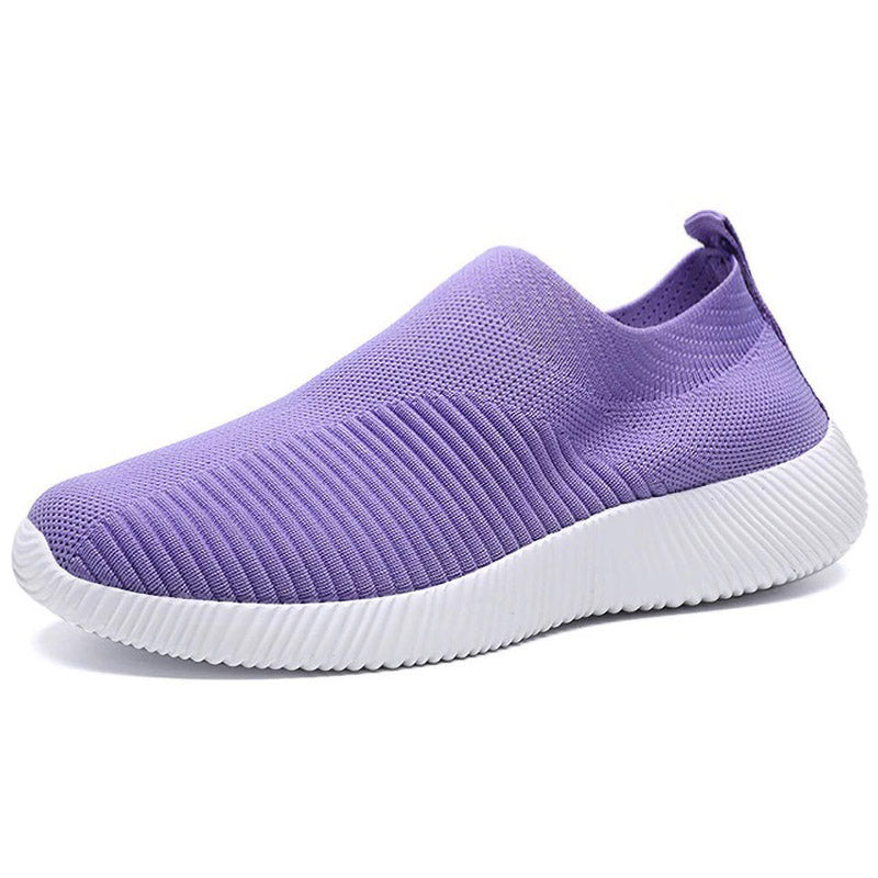 Lila Damen-Sneaker, atmungsaktiv, rutschfest, Freizeit, Strickmaterial, weiße Sohle.