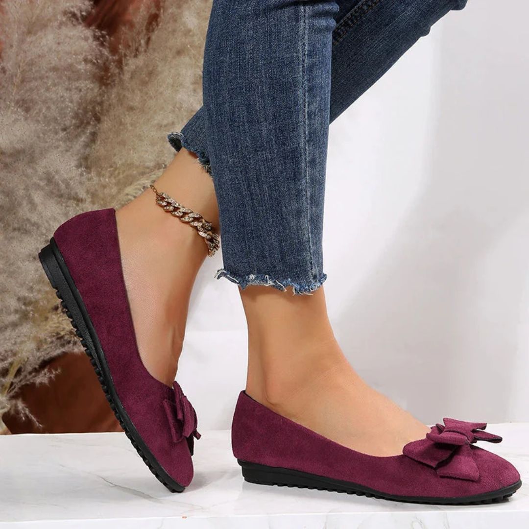 Lila Damen-Ballerinas aus Wildleder mit Schleife, Jeans, modisch, bequem, flach.