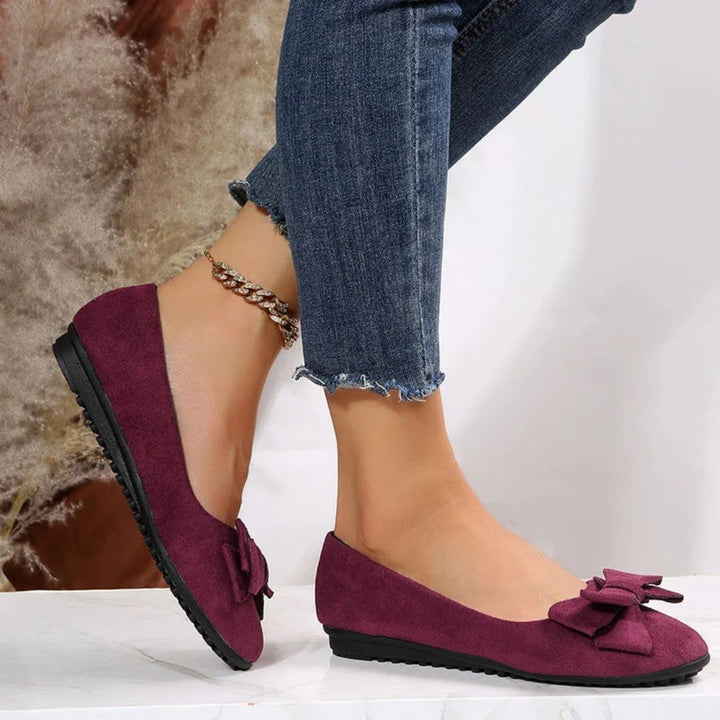 Lila Damen-Ballerinas aus Wildleder mit Schleife, Jeans, modisch, bequem, flach.