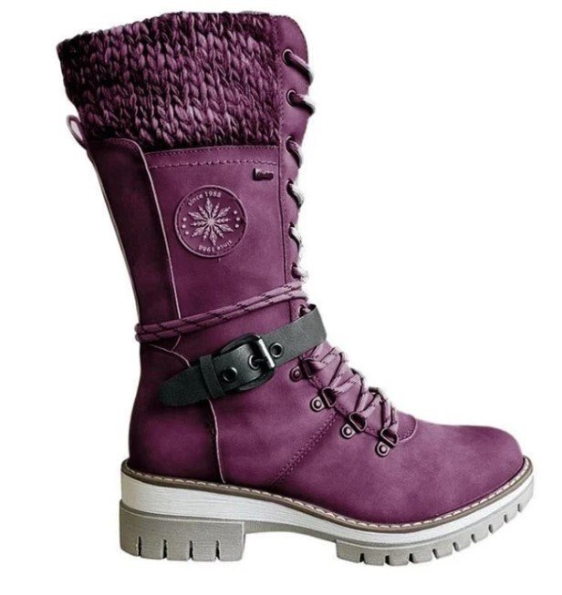 Lila Damenstiefel, rutschfeste Sohle, gefüttert, Schnürung, Wintermode, bequem.