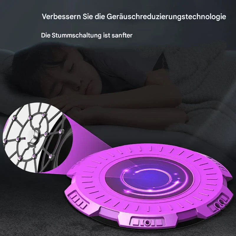 Lila geräuschreduzierendes Gerät, rund, mit LED-Licht, für leisen Schlaf, auf Nachttisch.