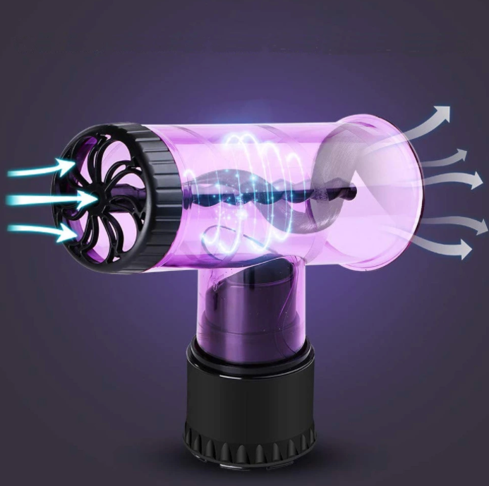 Lila Haarstyler mit Luftstrom, rotierendem Zylinder, schwarzem Griff, innovatives Design.