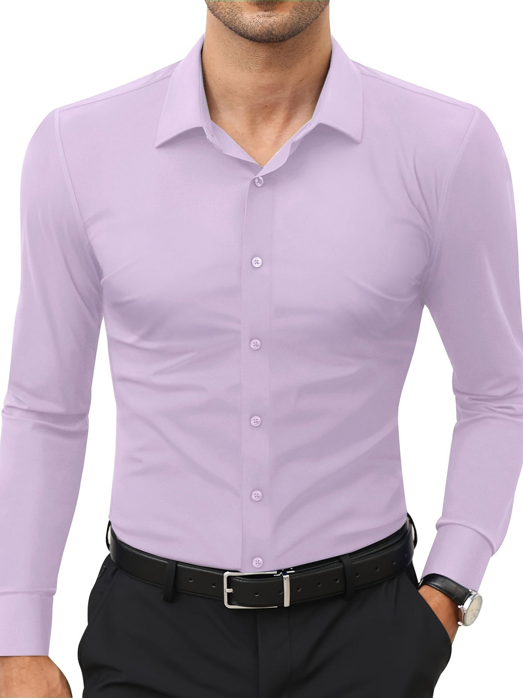 Lila Herrenhemd, langarm, Knopfleiste, klassischer Kragen, Business-Look, Baumwolle.