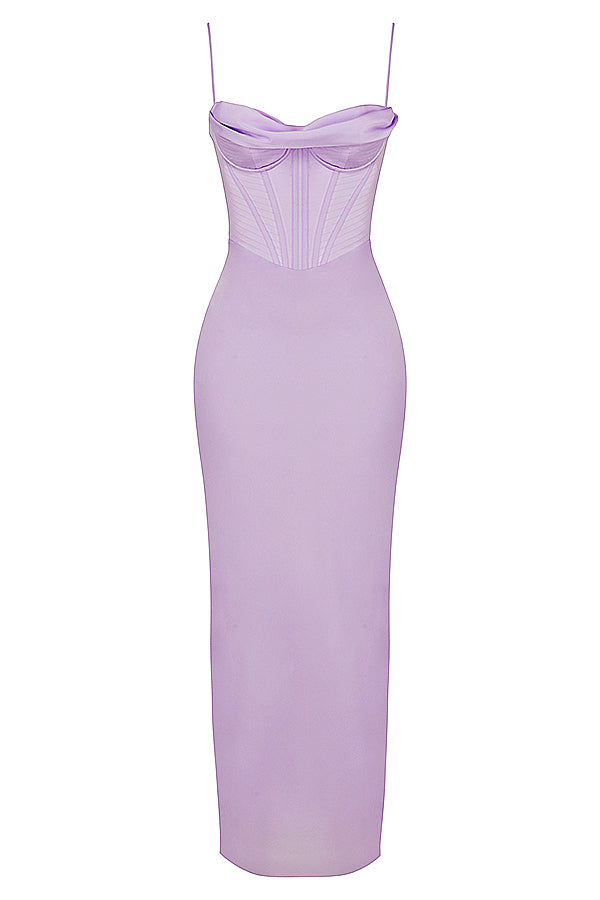 Lila Korsettkleid, ärmellos, figurbetont, elegantes Design, Abendmode, Damenbekleidung.