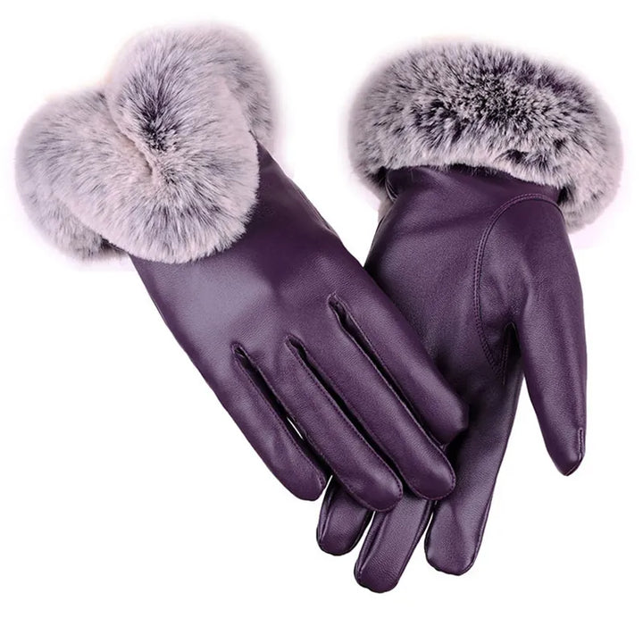 Lila Lederhandschuhe mit grauem Kunstfellbesatz, Damenmode, Winteraccessoire.