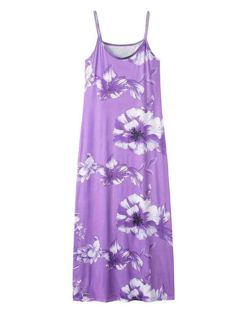 Lila Maxikleid mit Blumenmuster, ärmellos, Sommermode, Damenbekleidung, Strandkleid.