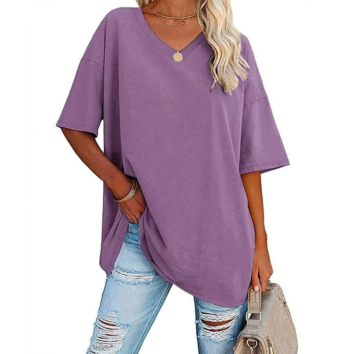 Lila Damen-T-Shirt, V-Ausschnitt, lässig, Baumwolle, kurze Ärmel, modisch, bequem.