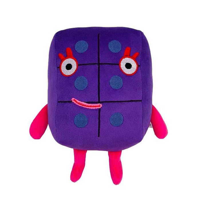 Lila Plüschfigur mit blauen Punkten, rotem Mund und Gliedmaßen, Kinderzimmer Dekoration.