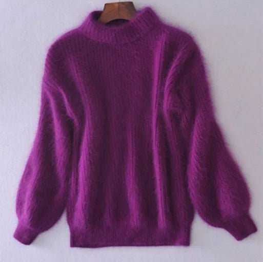 Lila Damenpullover aus Mohair, langärmelig, Rollkragen, weiches Strickmaterial, modisch.