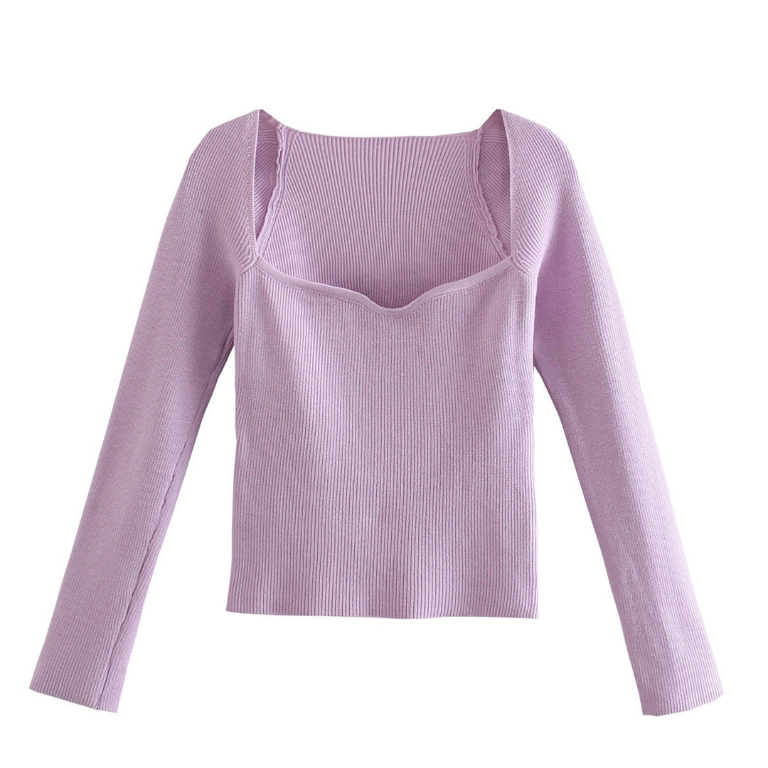 Lila Damen Slimfit Top, gerippt, langärmlig, quadratischer Ausschnitt, modisch, bequem.